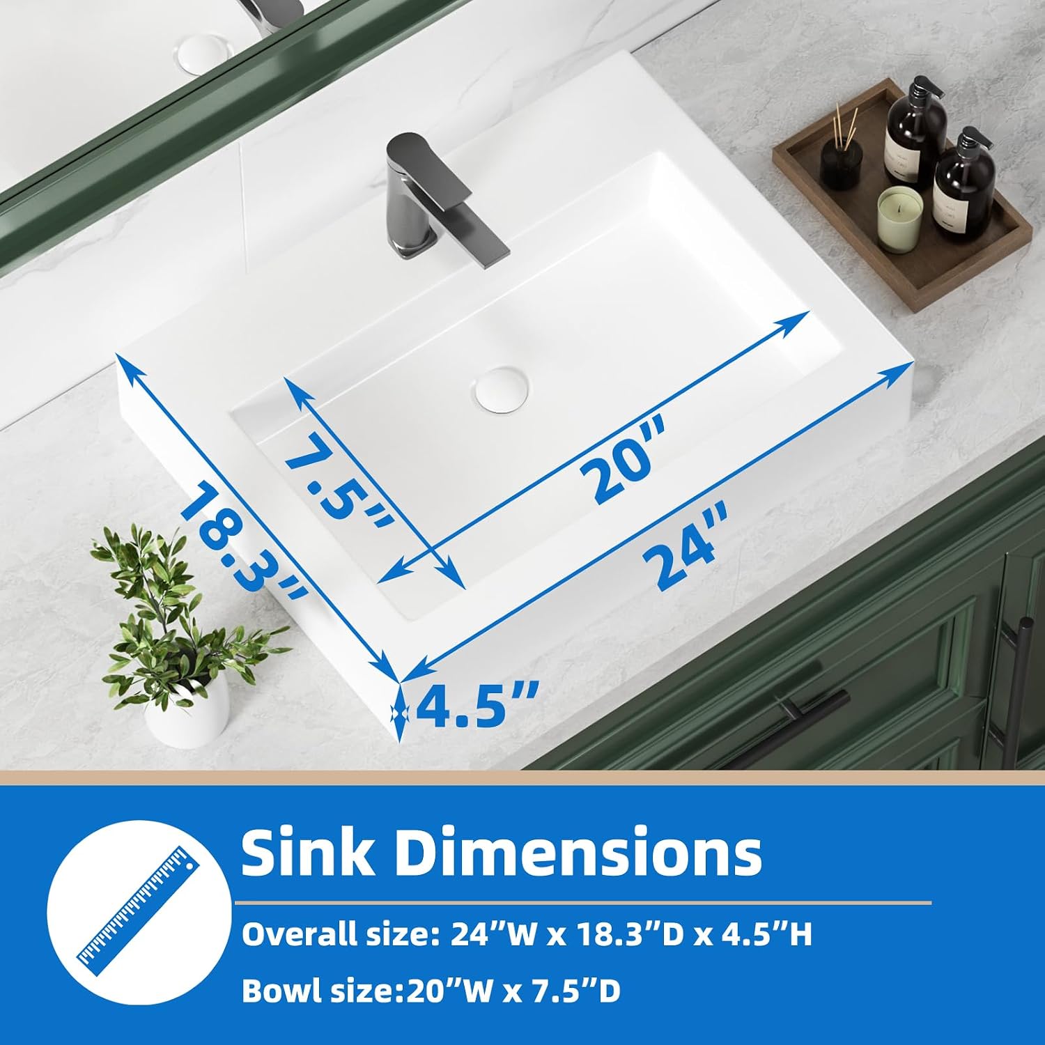 KINGWONG 24' x 18.3' Rectangular Ceramic Vessel Sink, White Bathroom Sink Above Counter, No Overflow Single Hole Basin for Vanity Top, High Temp Fired Porcelain, Stain Resistant Glossy Easy to Clean