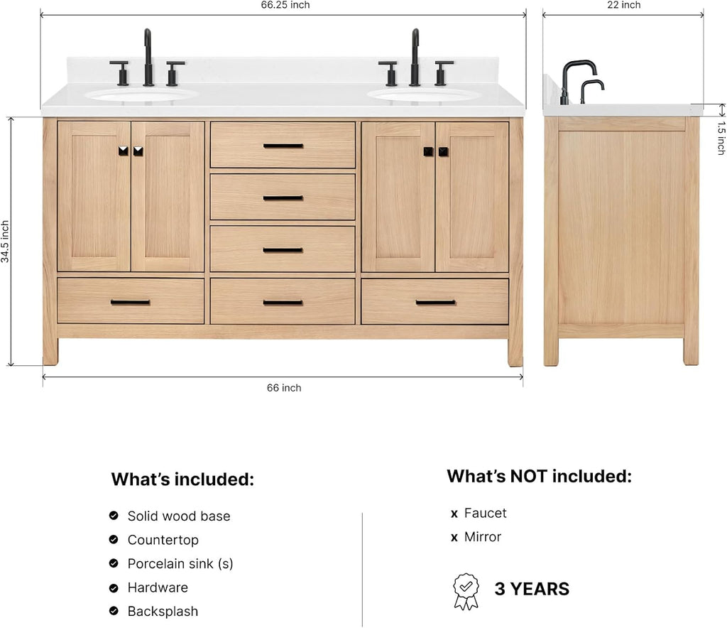 ARIEL Cambridge 66-inch Bathroom Vanity with Sink,Solid Wood, 1.5-inch Carrara White Quartz Countertop & Backsplash, Double Oval Porcelain Sink, 4 Soft Closing Doors, 6 Dovetail Drawers, White Oak