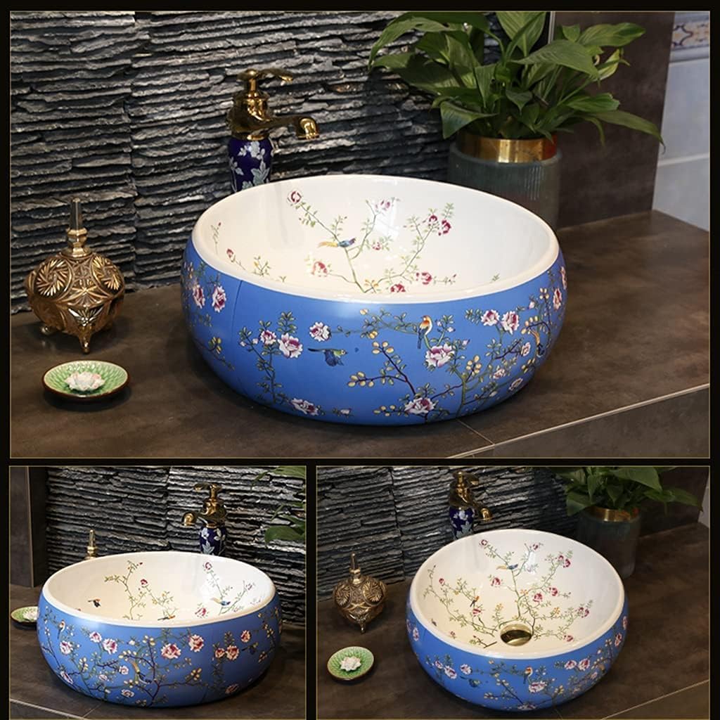 Bathroom Bar Vanity Vessel Sinks Above Counter Vanity Sink Tops Chinese Ceramic Lowes Bathroom Vanities Individual Flower and Bird Art Basin,42 * 15Cm,Blueset,42 * 15cm