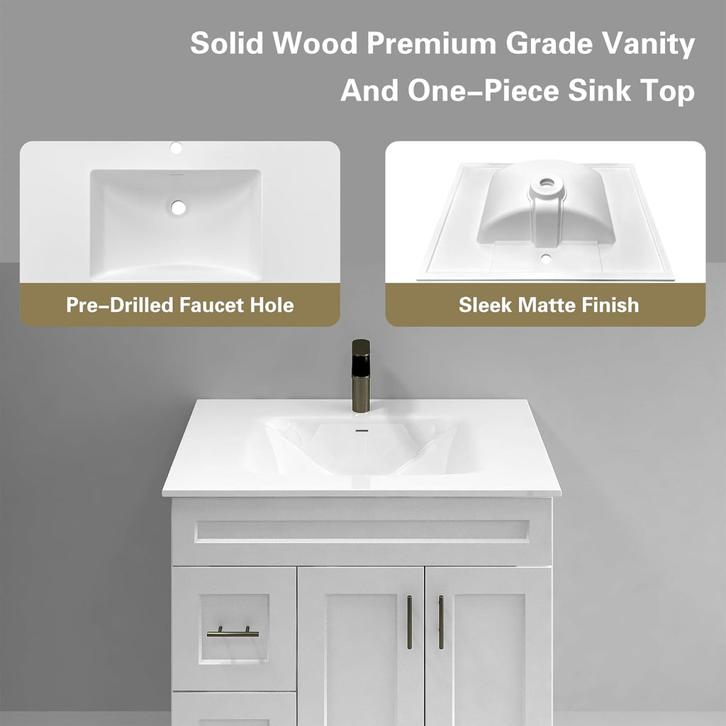 White Shaker Bathroom Vanity with Sink 36' – Solid Surface One-Piece Top, Soft-Close Doors & Drawers, Polyurethane Nano Resin Sink, Pre-Drilled Faucet Hole, Modern Bath Vanity Cabinet Set