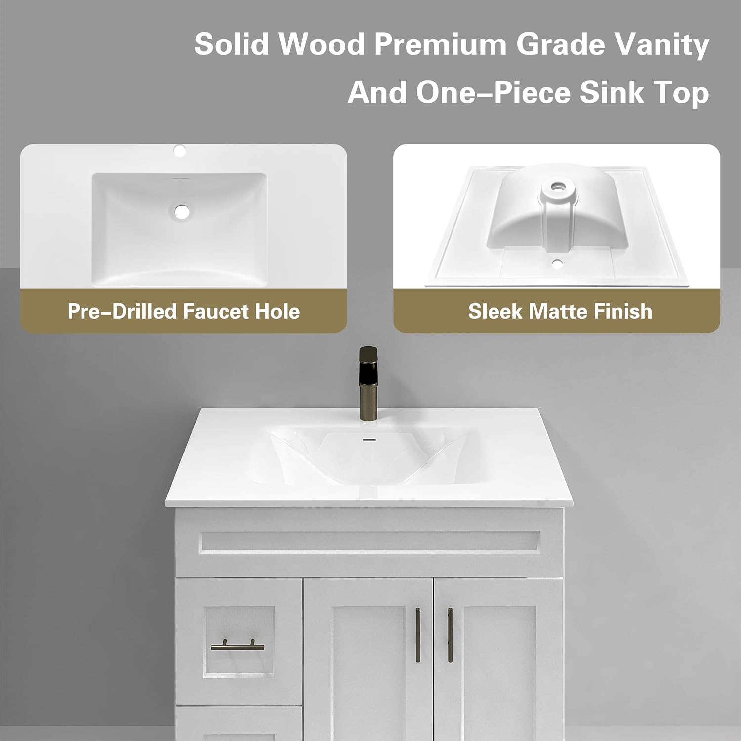 White Shaker Bathroom Vanity with Sink 36' – Solid Surface One-Piece Top, Soft-Close Doors & Drawers, Polyurethane Nano Resin Sink, Pre-Drilled Faucet Hole, Modern Bath Vanity Cabinet Set
