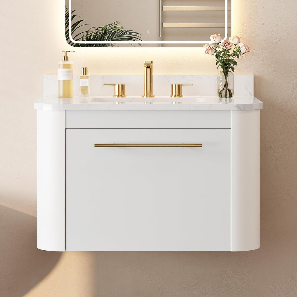 LIKIMIO 30' Bathroom Vanity with Sink, Floating Bathroom Vanity with 1 Drawer, Engineered Stone Countertop with Undermount Ceramic Sink, Wall Mounted Bathroom Vanity, Gold Handle, Easy Assembly, White