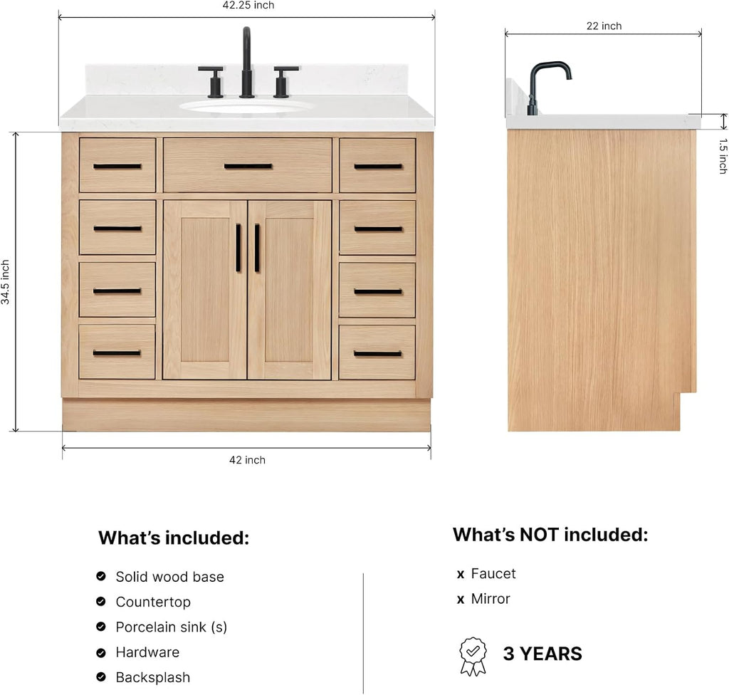 DKB Isabella 42-Inch Oak Single Bathroom Vanity with Sink, 1.5-Inch Carrara White Quartz Countertop & Backsplash, Matte Black Hardware, 2 Soft Closing Doors, 9 Drawers