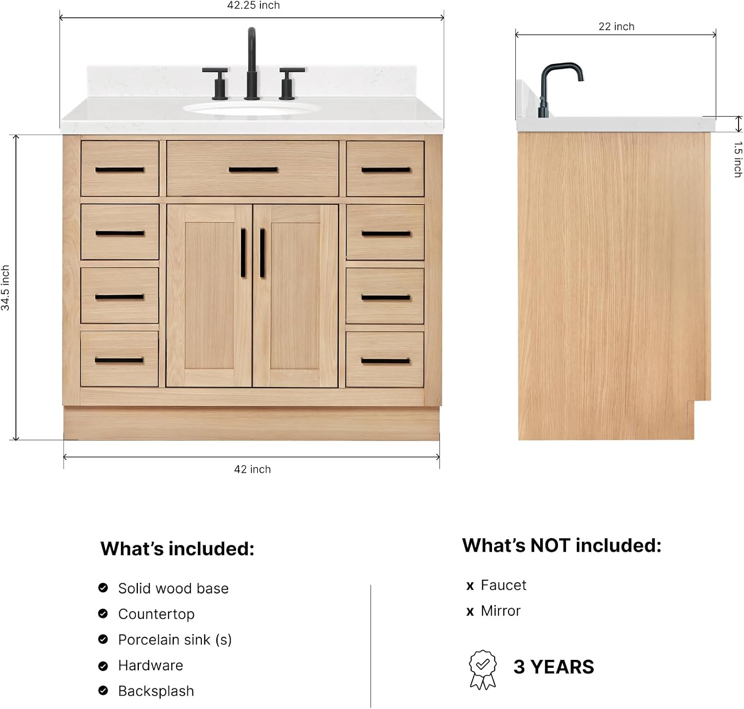 DKB Isabella 42-Inch Oak Single Bathroom Vanity with Sink, 1.5-Inch Carrara White Quartz Countertop & Backsplash, Matte Black Hardware, 2 Soft Closing Doors, 9 Drawers