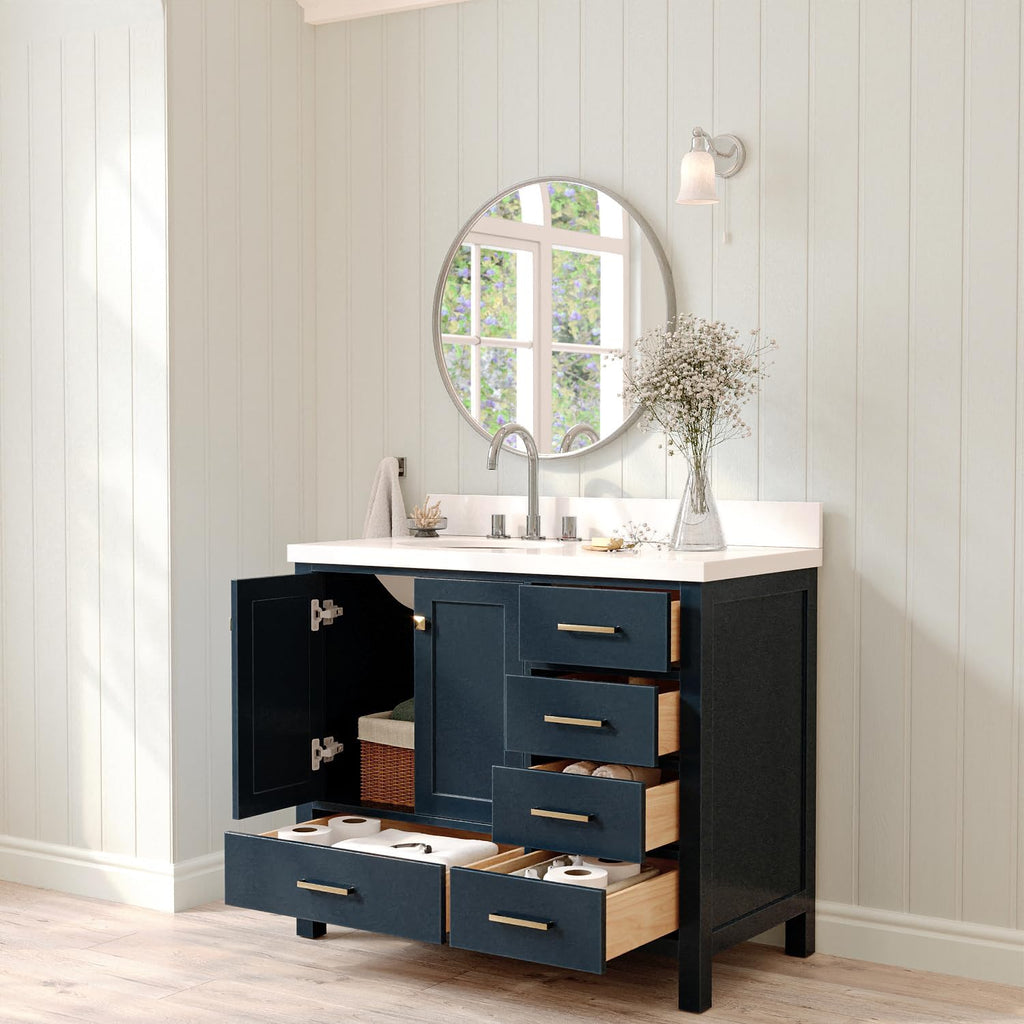 ARIEL Cambridge 42-inch Bathroom Vanity with Sink,Solid Wood, 1.5-inch Pure White Quartz Countertop & Backsplash, Single Oval Porcelain Sink, 2 Soft Closing Doors, 5 Dovetail Drawers, Midnight Blue