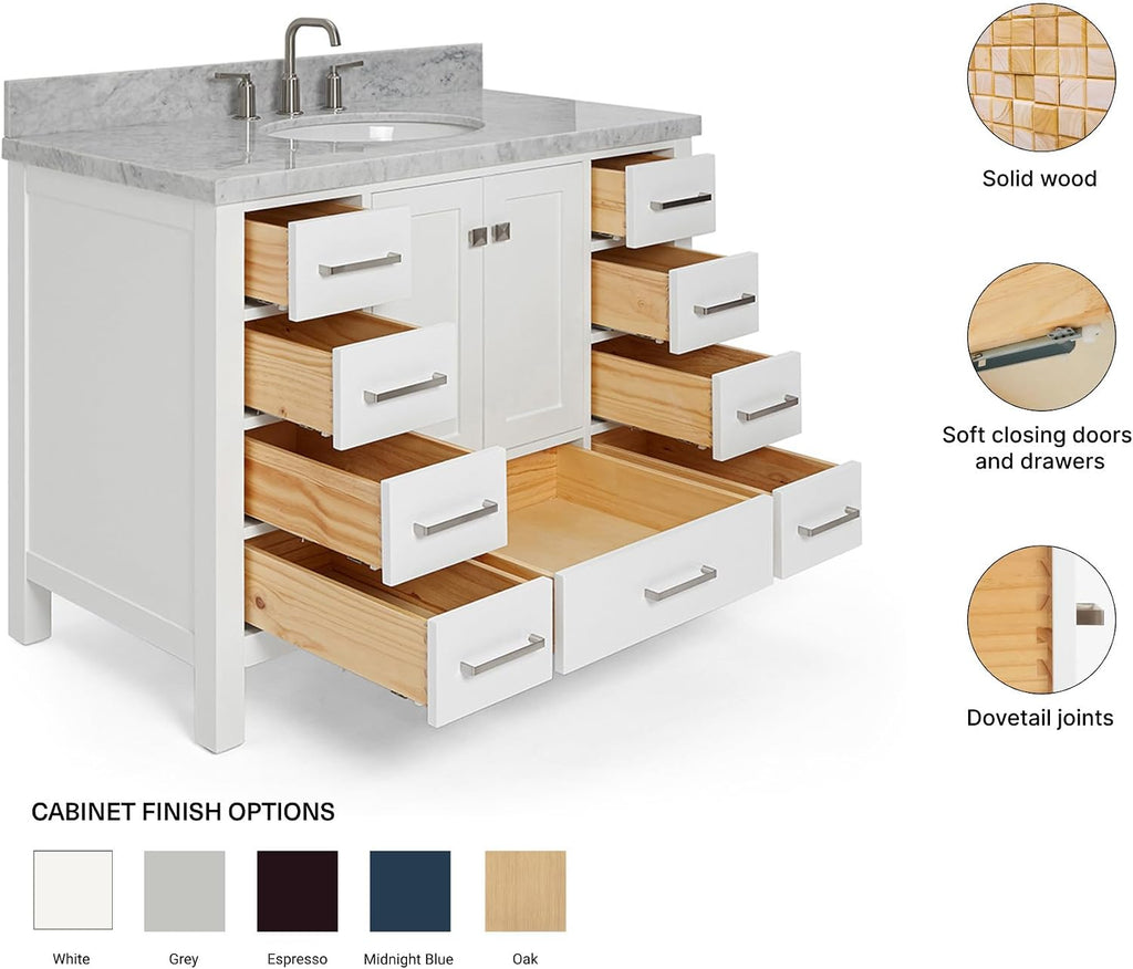 ARIEL Cambridge 42-inch Bathroom Vanity with Sink,Solid Wood, 1.5-inch Italian Carrara Marble Countertop & Backsplash, Single Oval Porcelain Sink, 2 Soft Closing Doors, 9 Dovetail Drawers, White