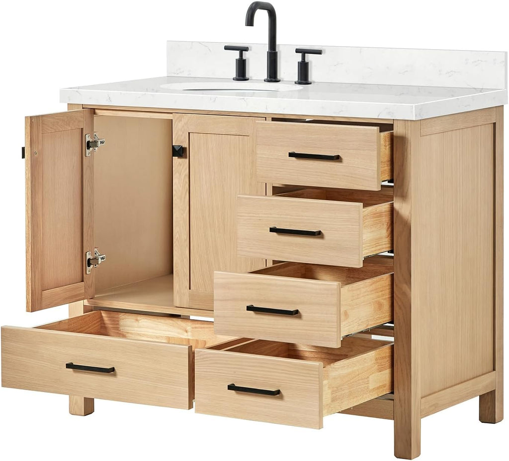 DKB Beckford 42-Inch Oak Single Bathroom Vanity with Sink, Carrara White Quartz Countertop & 4' Backsplash, Soft Closing Drawer & Door, Matte Black Hardware
