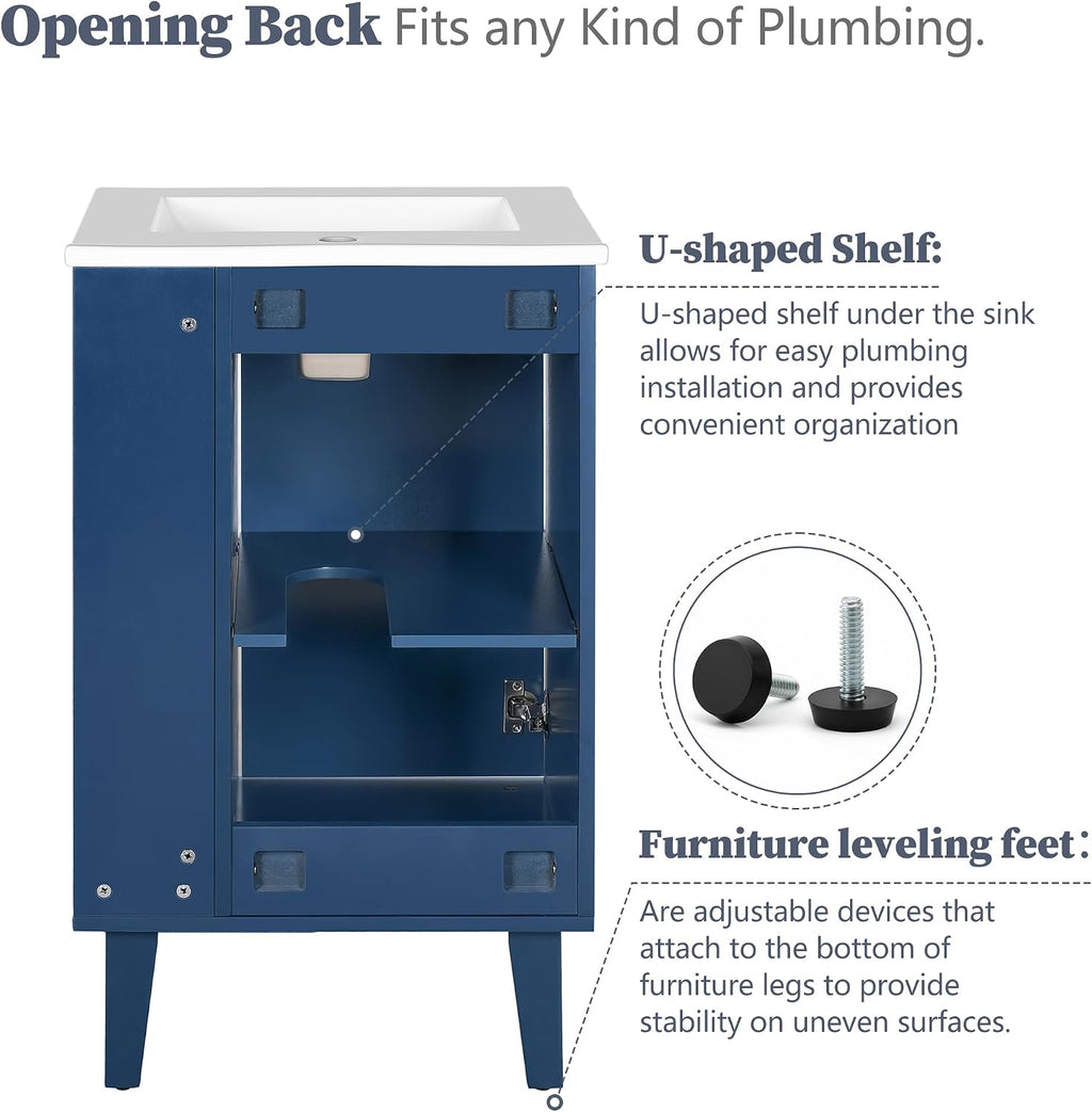 VilroCaz Modern 20'' Bathroom Vanity with Top Ceramic Sink, Freestanding Single Vanity Set Bathroom Storage Cabinet with Soft Closing Door, Chic Half-Moon Pulls (Blue-10.16)