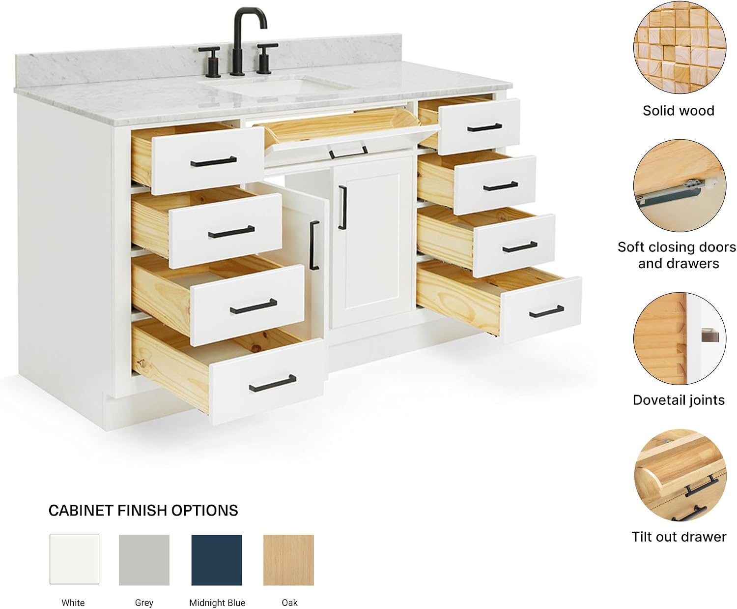 ARIEL Hepburn 60-inch Bathroom Vanity with Sink,Solid Wood, 0.75-inch Italian Carrara Marble Countertop, Single Rectangular Porcelain Sink, 2 Soft Closing Doors, 9 Dovetail Drawers, White