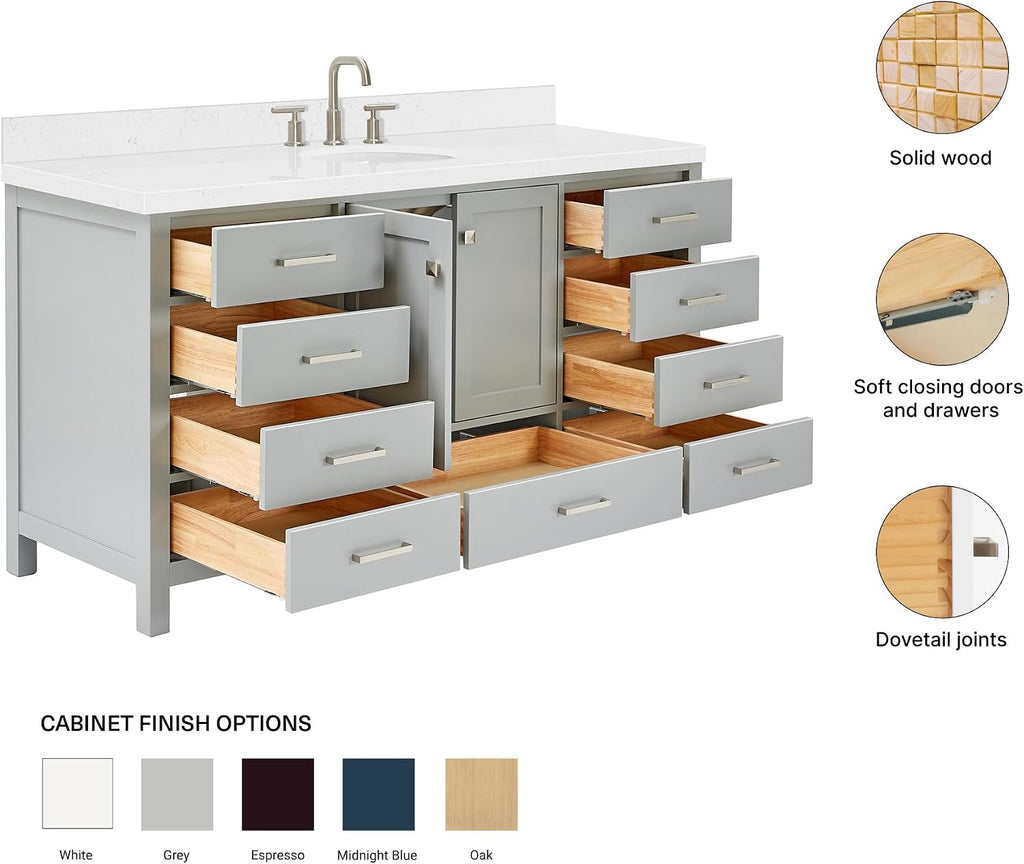 ARIEL Cambridge 66-inch Bathroom Vanity with Sink,Solid Wood, 1.5-inch Carrara White Quartz Countertop & Backsplash, Single Oval Porcelain Sink, 2 Soft Closing Doors, 9 Dovetail Drawers, Grey