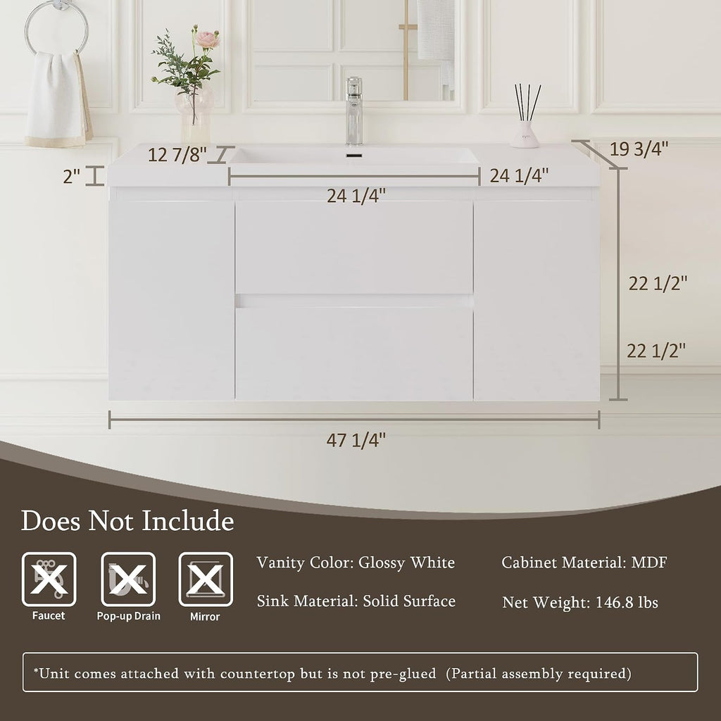 GDFStudio 48' Floating Bathroom Vanity with Sink, Wall-Mounted Vanity Cabinet with Solid Surface Countertop, Integrated Basin, Soft Close Drawers, Modern Space-Saving Design, Glossy White