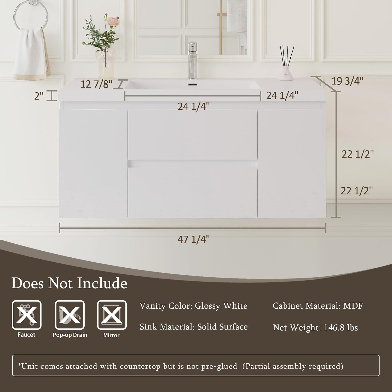 GDFStudio 48' Floating Bathroom Vanity with Sink, Wall-Mounted Vanity Cabinet with Solid Surface Countertop, Integrated Basin, Soft Close Drawers, Modern Space-Saving Design, Glossy White