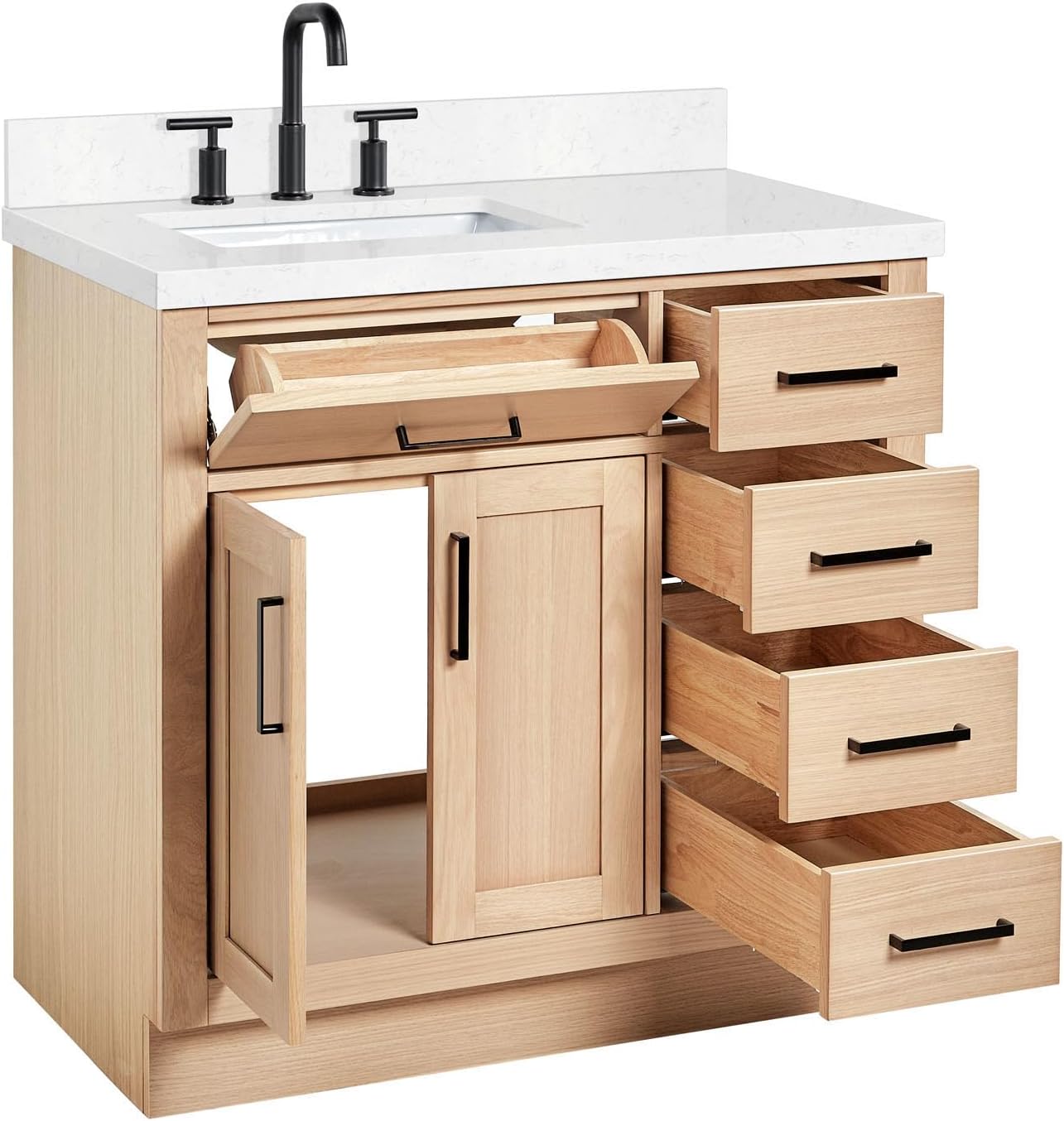 DKB Isabella 36-Inch Oak Bathroom Vanity with Sink, Carrara White Quartz Countertop 1.5' Edge, Left Single Rectangular Sink, 2 Soft Closing Doors, 5 Drawers, Solid Wood Frame