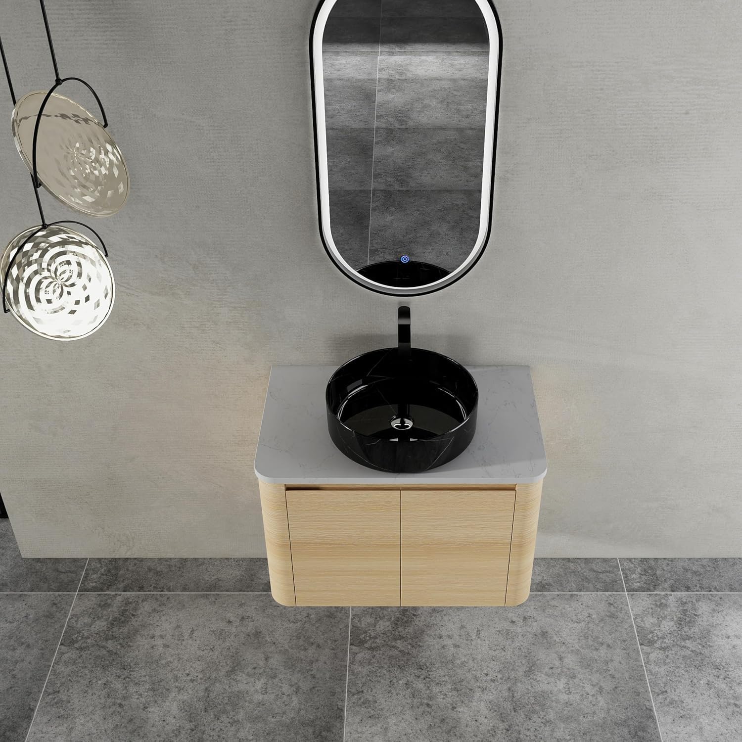 30 Inch Wall-Mounted Bathroom Vanity with Sink Combo Modern Floating Bathroom Vanitites with Round Ceramic Vessel Sink 30' Bathroom Sink Cabinet with Marble Counter Top & Soft Closing Door