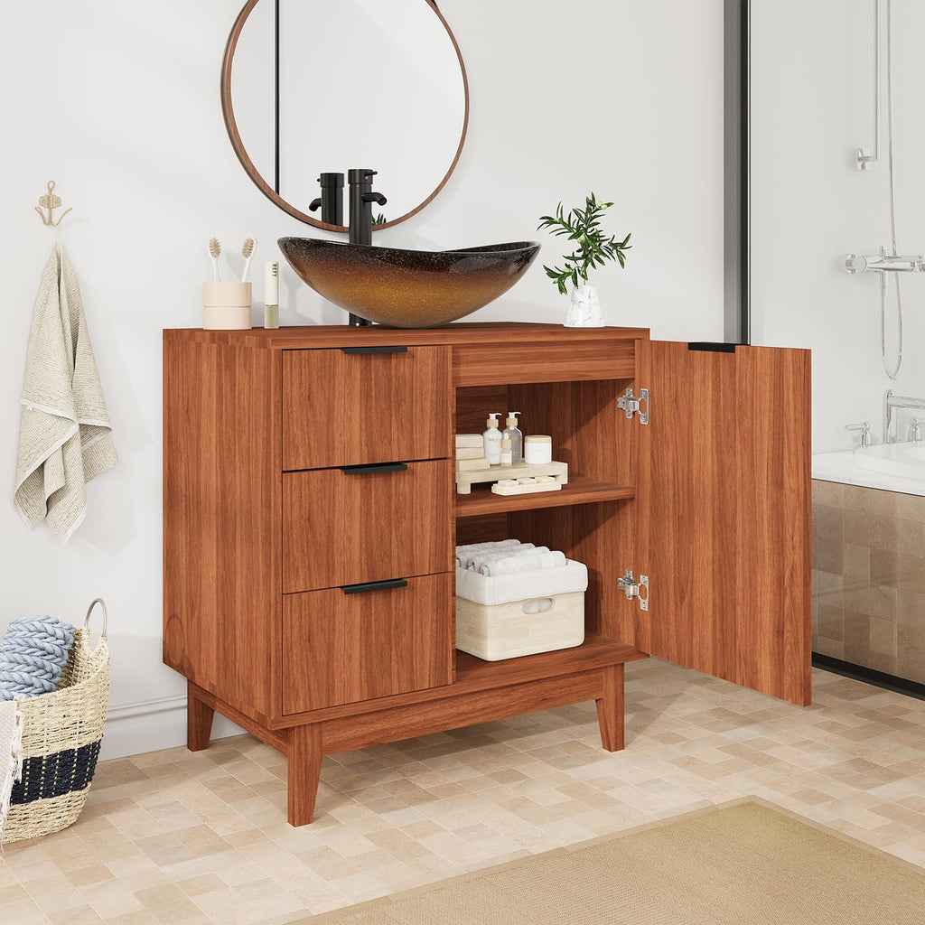 EROMMY 30 Inch Bathroom Vanity with Sink Combo, Bathroom Vanity with 3 Soft-Close Drawers, Adjustable Shelf & Boat Glass Sink, Rustic Standing Bathroom Cabinet Includes Water Tap & Sink Accessories