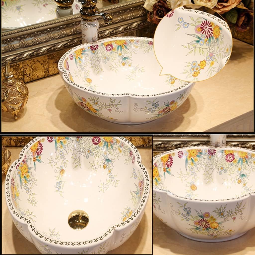Bathroom Vanity Wash Vessel Sink Above Counter, Vanity Sink Tops Petal-Shaped Bathroom Sink, European-Style Ceramic Art Basin for Household Use, 42 * 15cm