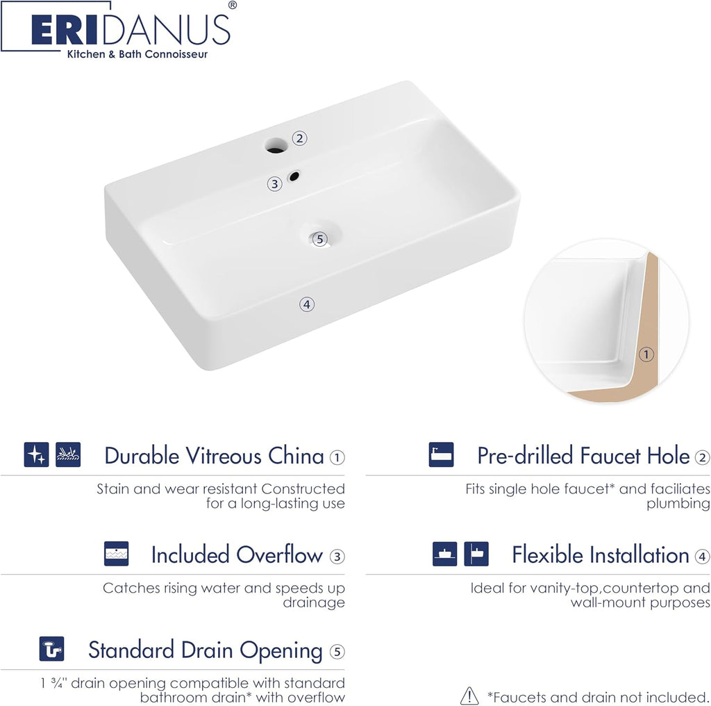 Rectangle Bathroom Vessel Sink 28' x 16.5', Eridanus Wall Mount Sink Ceramic Porcelain, Modern Above Counter Sink White Floating Lavatory Vanity Trough Art Basin with Overflow