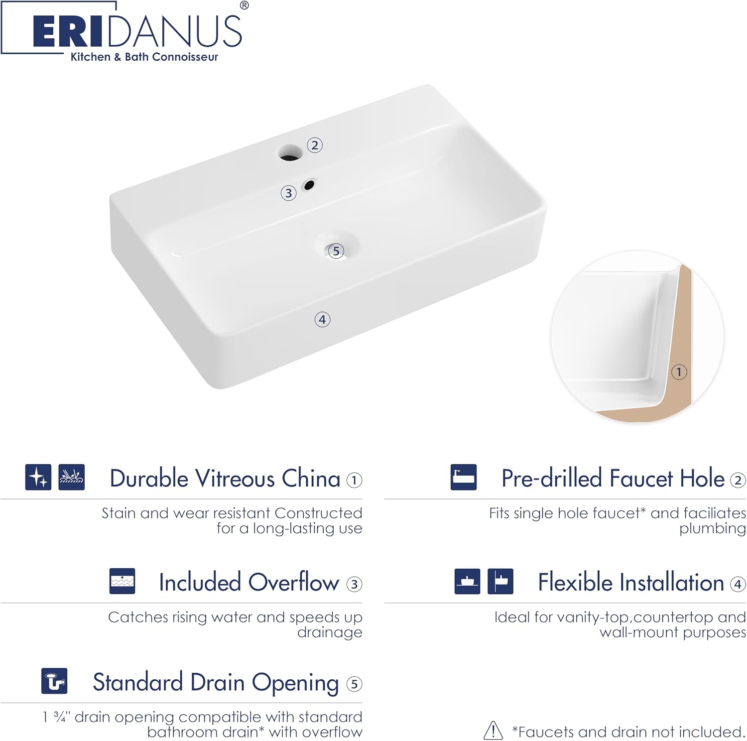 Rectangle Bathroom Vessel Sink 28' x 16.5', Eridanus Wall Mount Sink Ceramic Porcelain, Modern Above Counter Sink White Floating Lavatory Vanity Trough Art Basin with Overflow