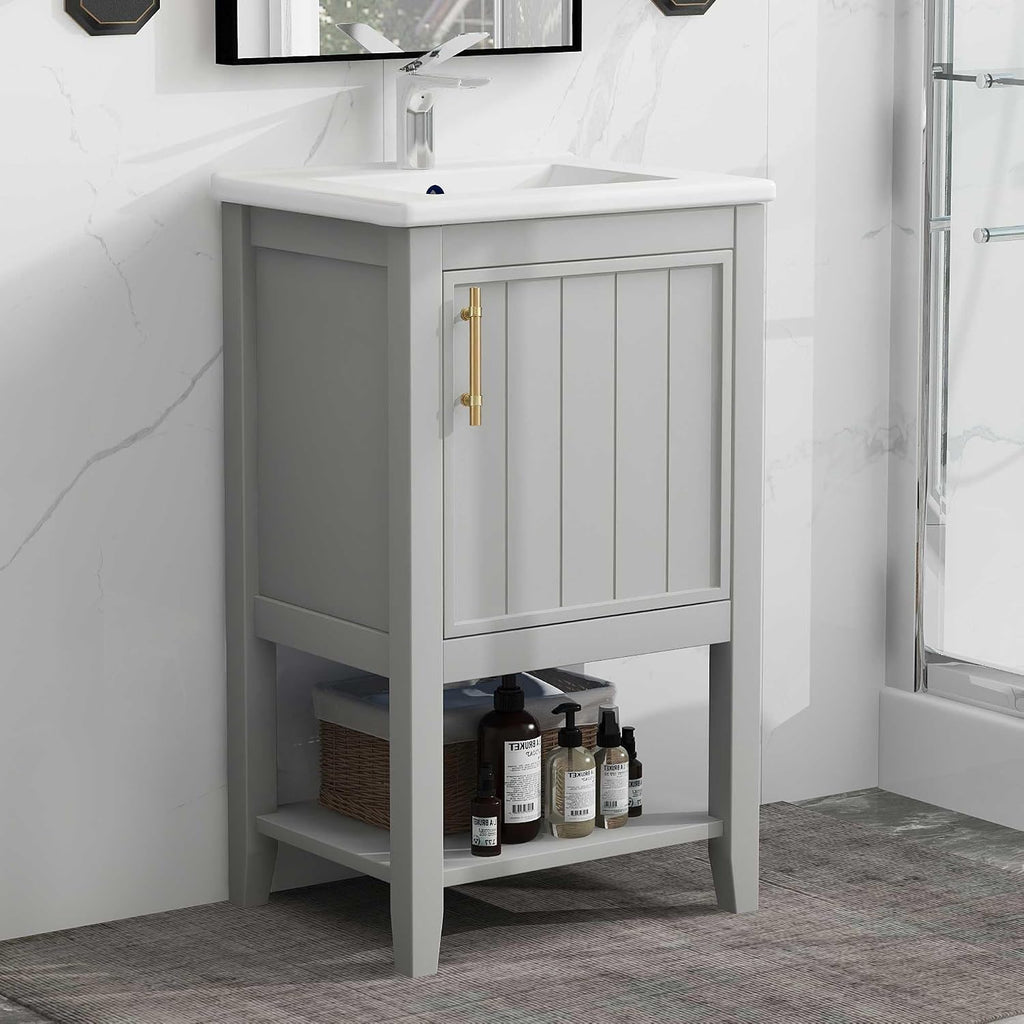 20' Bathroom Vanity Cabinet with Ceramic Sink Top Set, Freestanding, Two-Tier Storage Rack, Soft Closing Door, Grey