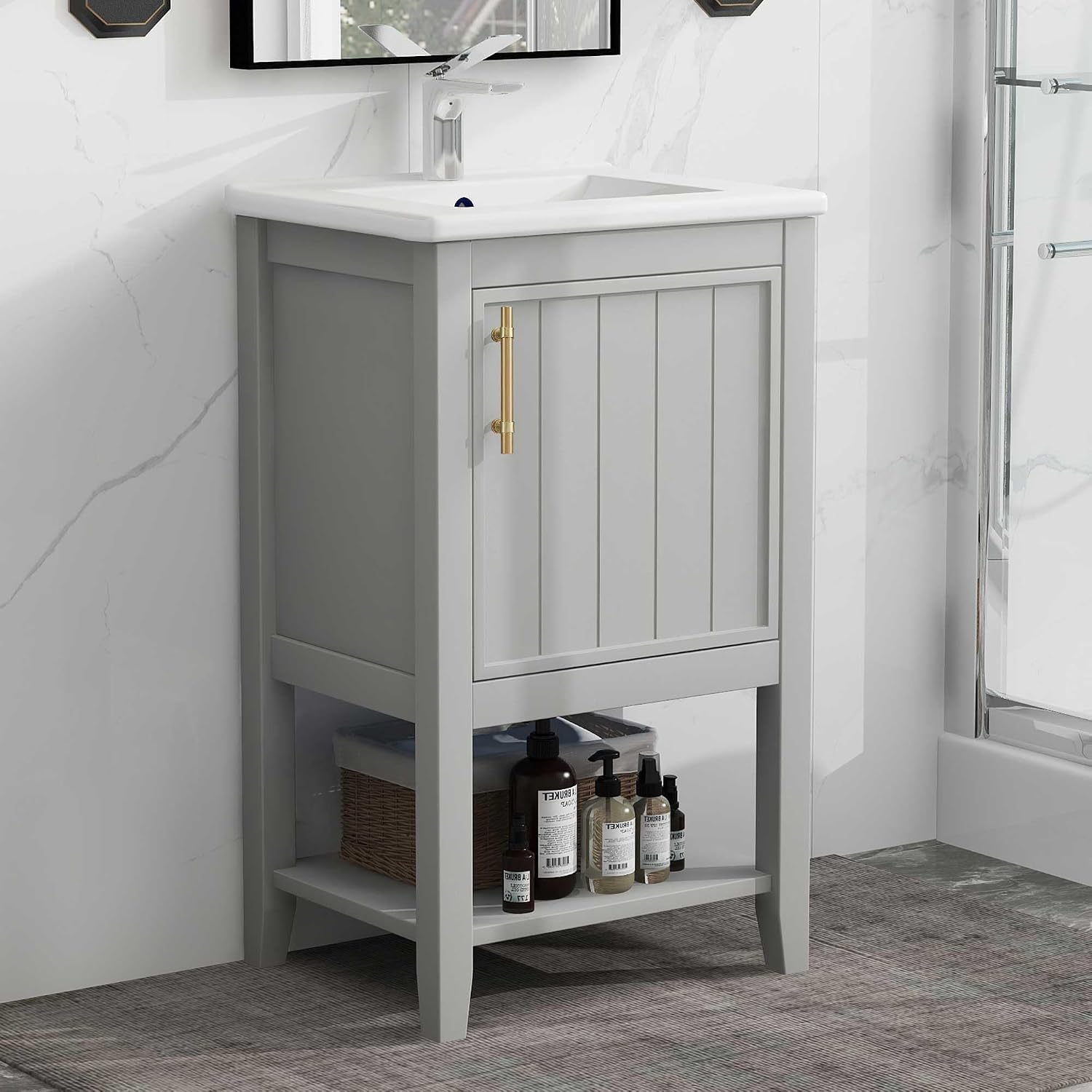 20' Bathroom Vanity Cabinet with Ceramic Sink Top Set, Freestanding, Two-Tier Storage Rack, Soft Closing Door, Grey