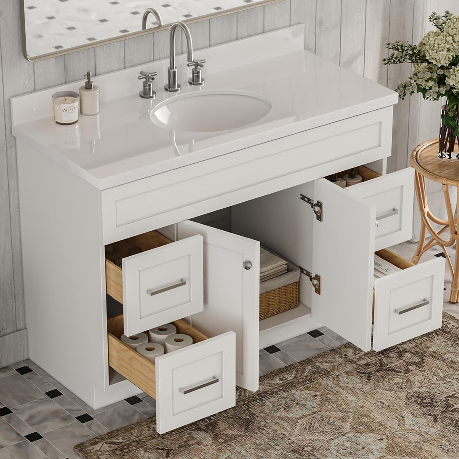 ARIEL Hamlet 48-inch Bathroom Vanity with Sink,Solid Wood, 1.5-inch Pure White Quartz Countertop & Backsplash, Single Rectangular Porcelain Sink, 2 Soft Closing Doors, 4 Dovetail Drawers, White