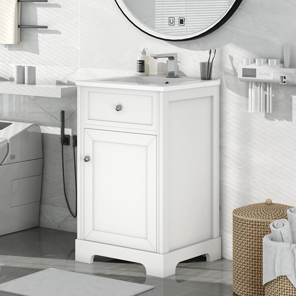 VilroCaz Modern 20' Bathroom Vanity with Sink, Freestanding Bathroom Cabinet with Soft Closing Door, Storage Rack and Adjustable Shelve (White-10.8)