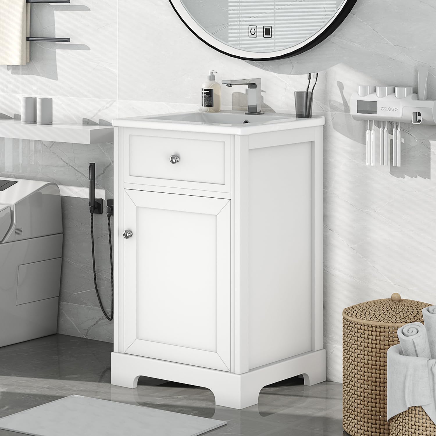 VilroCaz Modern 20' Bathroom Vanity with Sink, Freestanding Bathroom Cabinet with Soft Closing Door, Storage Rack and Adjustable Shelve (White-10.8)