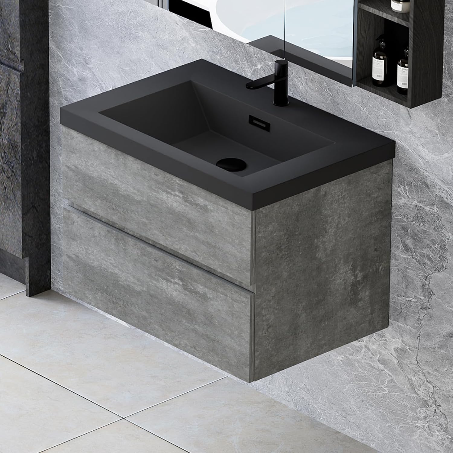 Compact 30' Floating Bathroom Vanity with Quartz Sand Basin Sink Top, Modern Wall-Mounted Bathroom Storage Vanity Cabinet with 2 Soft Close Drawers for Lavatory, Grey