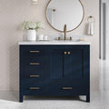 DKB Beckford 42-Inch Midnight Blue Bathroom Vanity with Sink, 1.5-Inch Italian Carrara Marble Countertop & Backsplash, Rectangular Sink, 2 Soft Closing Doors, 5 Dovetail Drawers, Satin Brass Hardware