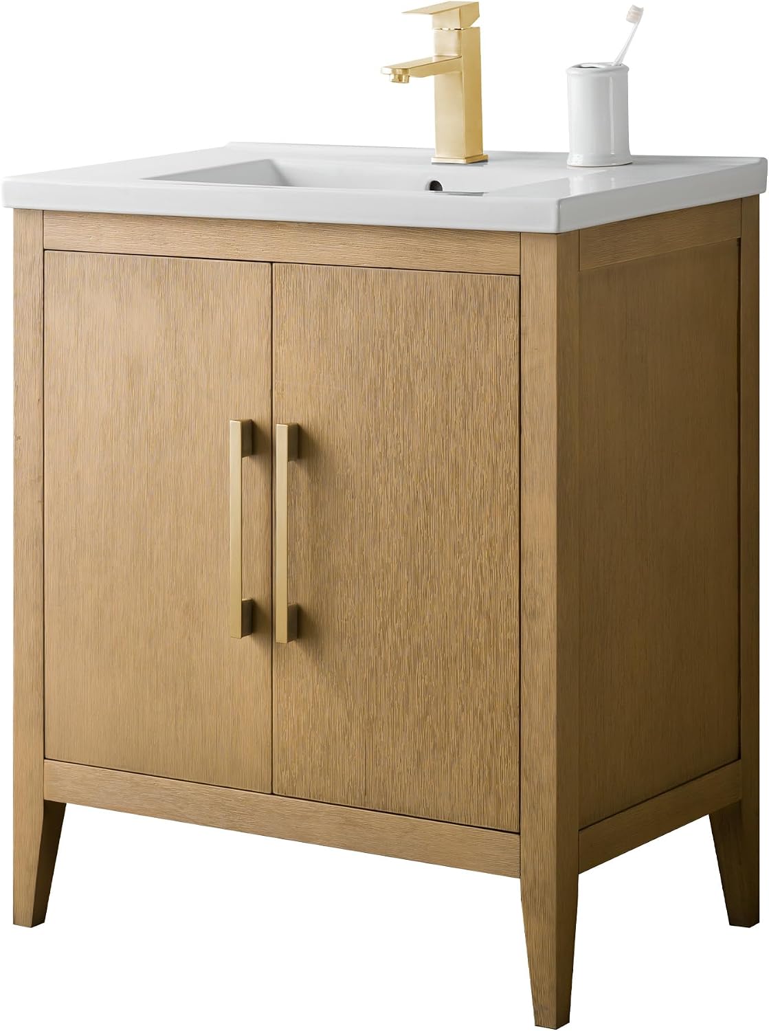 HOMEBEYOND 30 Inch Bathroom Vanities with Sink & Ceramic Top, Single Vanity Cabinet with Basin, Solid Wood Frame, Soft-Closing Doors & Golden Brushed Hardware, Natural Oak