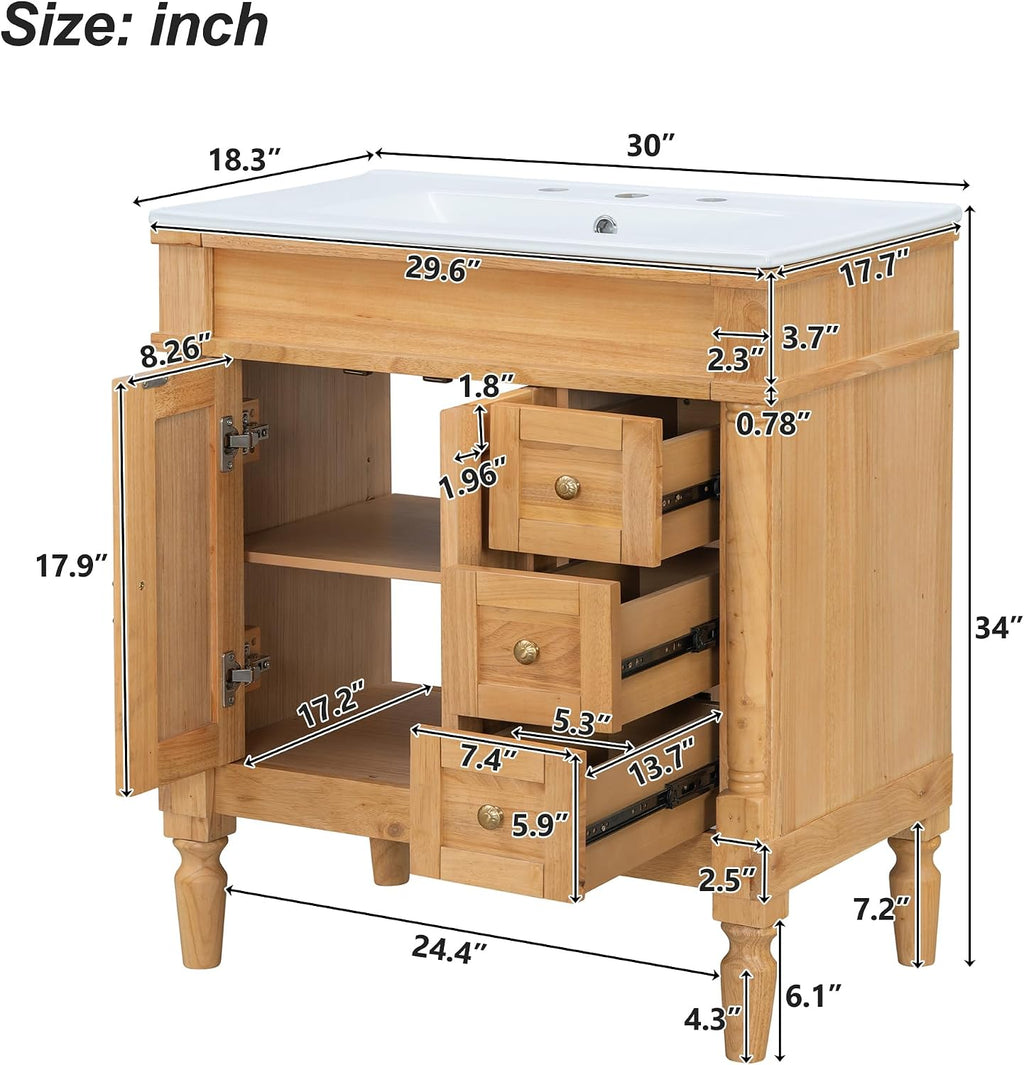 Merax 30' Bathroom Vanity with Sink, 4 Solid Legs, 3 Drawers 2 Doors, Modern Freestanding Wooden Bathroom Cabinet with Undermount Upgraded Ceramic Sink, Quick Assembly, Nature Wood
