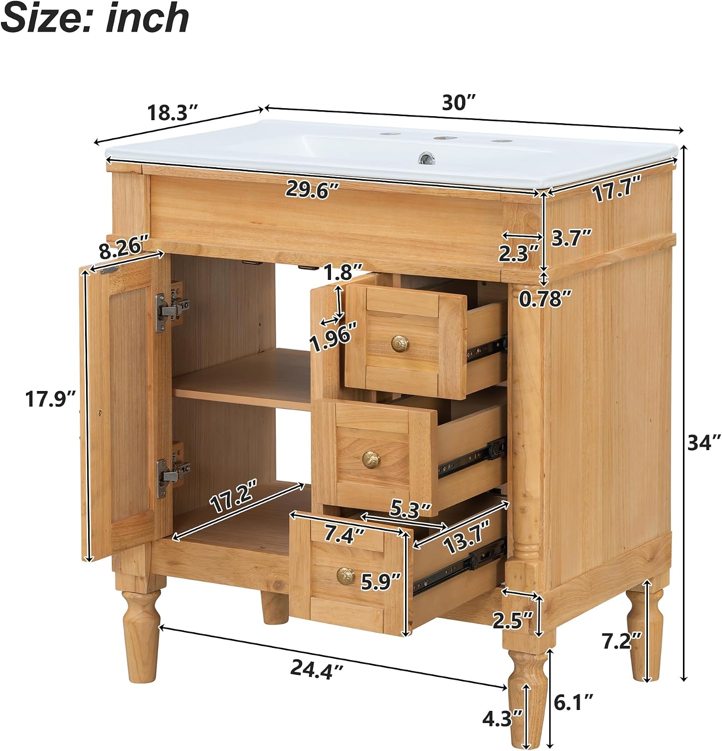 Merax 30' Bathroom Vanity with Sink, 4 Solid Legs, 3 Drawers 2 Doors, Modern Freestanding Wooden Bathroom Cabinet with Undermount Upgraded Ceramic Sink, Quick Assembly, Nature Wood