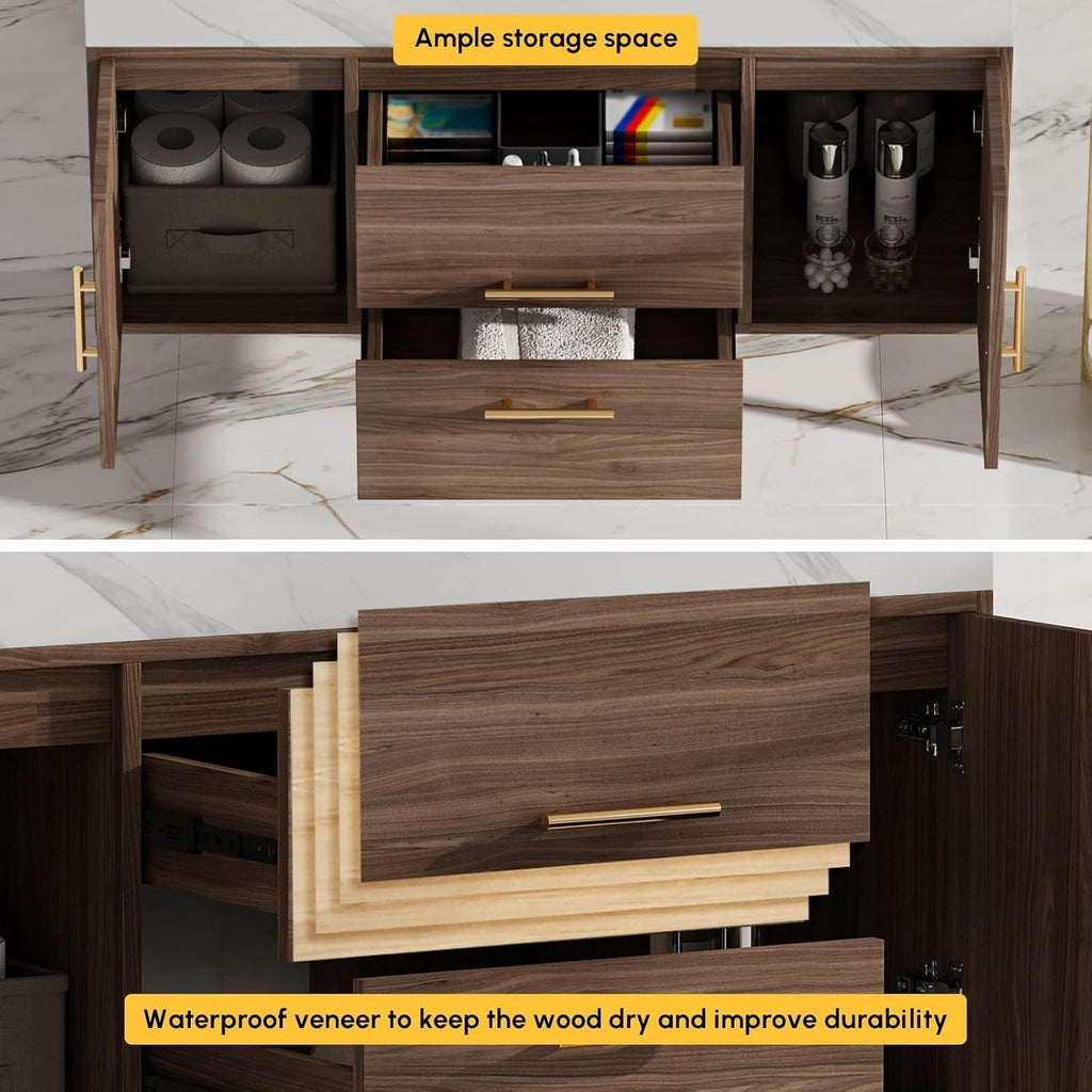 homary 39.4 inch Floating Bathroom Vanity with Single Sink, Modern Design with Sintered Stone Top & Undermount Sink, 2 Soft-Close Drawers for Master & Guest Bathrooms, Walnut