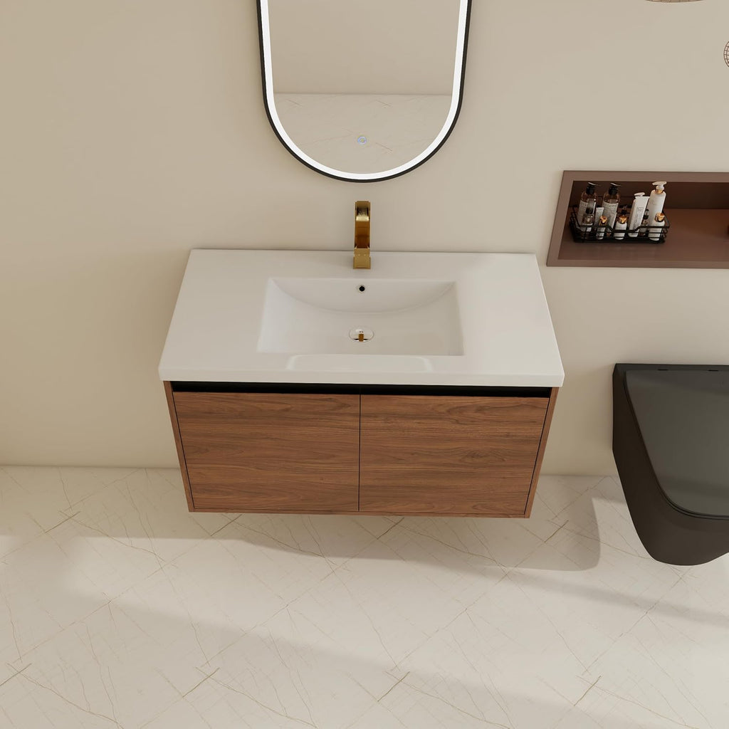 36 inch Bathroom Vanity with Sink, Wall-Mounted Floating Vanity with 2 Soft-Close Doors, Easy Assembly, Engineered Wood in Elegant Brown, Modern Style for Bathroom