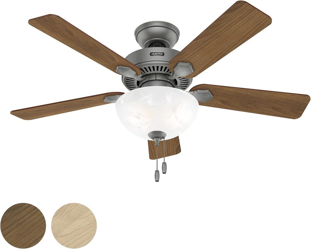 Hunter Fan 44 inch Matte Silver Indoor Ceiling Fan with Light and Pull Chain for Bedroom, Living Room, Office, Basement, Kitchen (Renewed), CC5C27C80