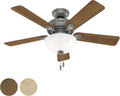 Hunter Fan 44 inch Matte Silver Indoor Ceiling Fan with Light and Pull Chain for Bedroom, Living Room, Office, Basement, Kitchen (Renewed), CC5C27C80