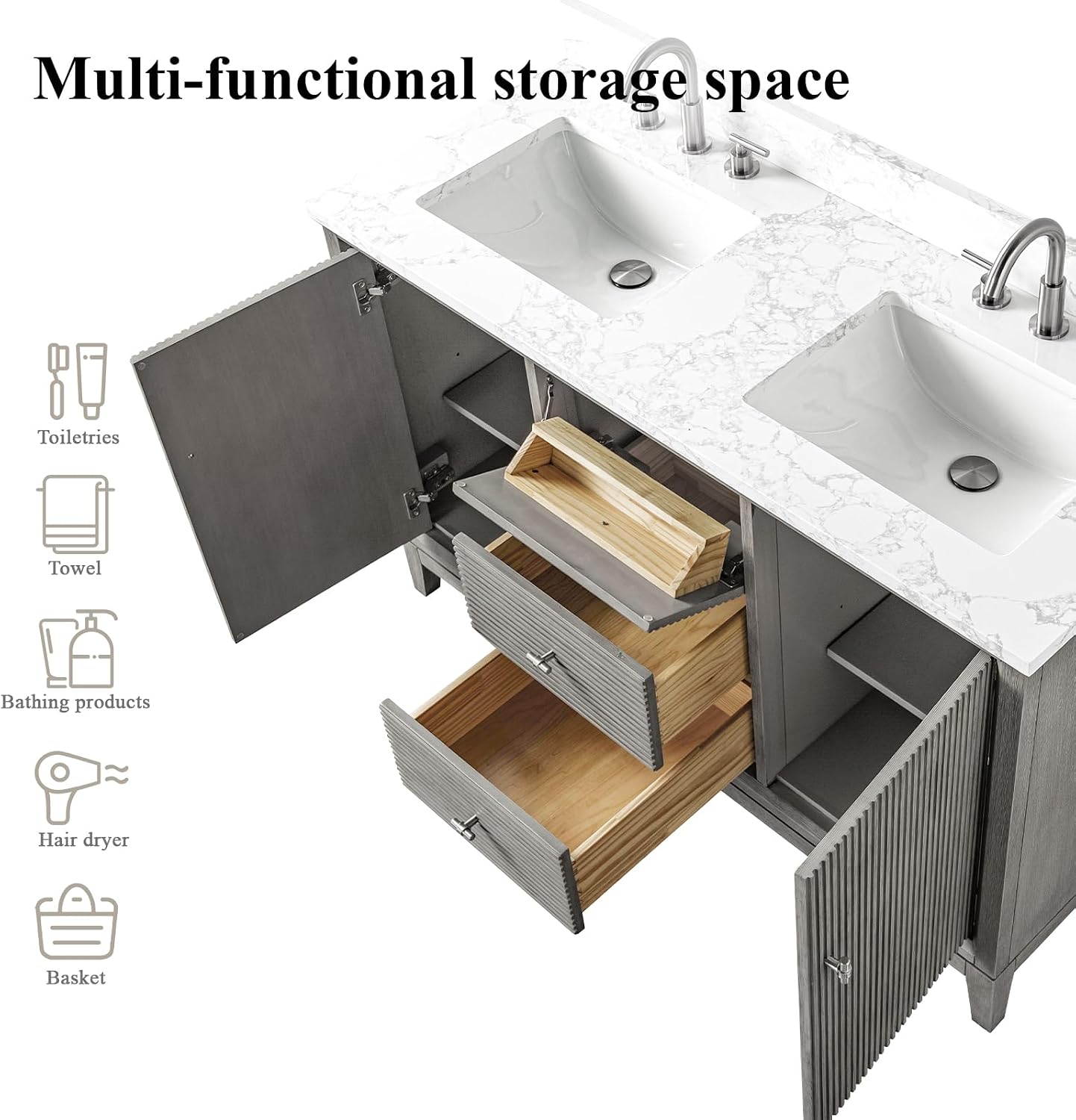 HOMEBEYOND 54' Bathroom Vanity with Double Sink & Engineered Marble Top, Solid Wood Frame, Linear Pattern & Soft Close Door | Golden Brushed Handware, Driftwood Gray