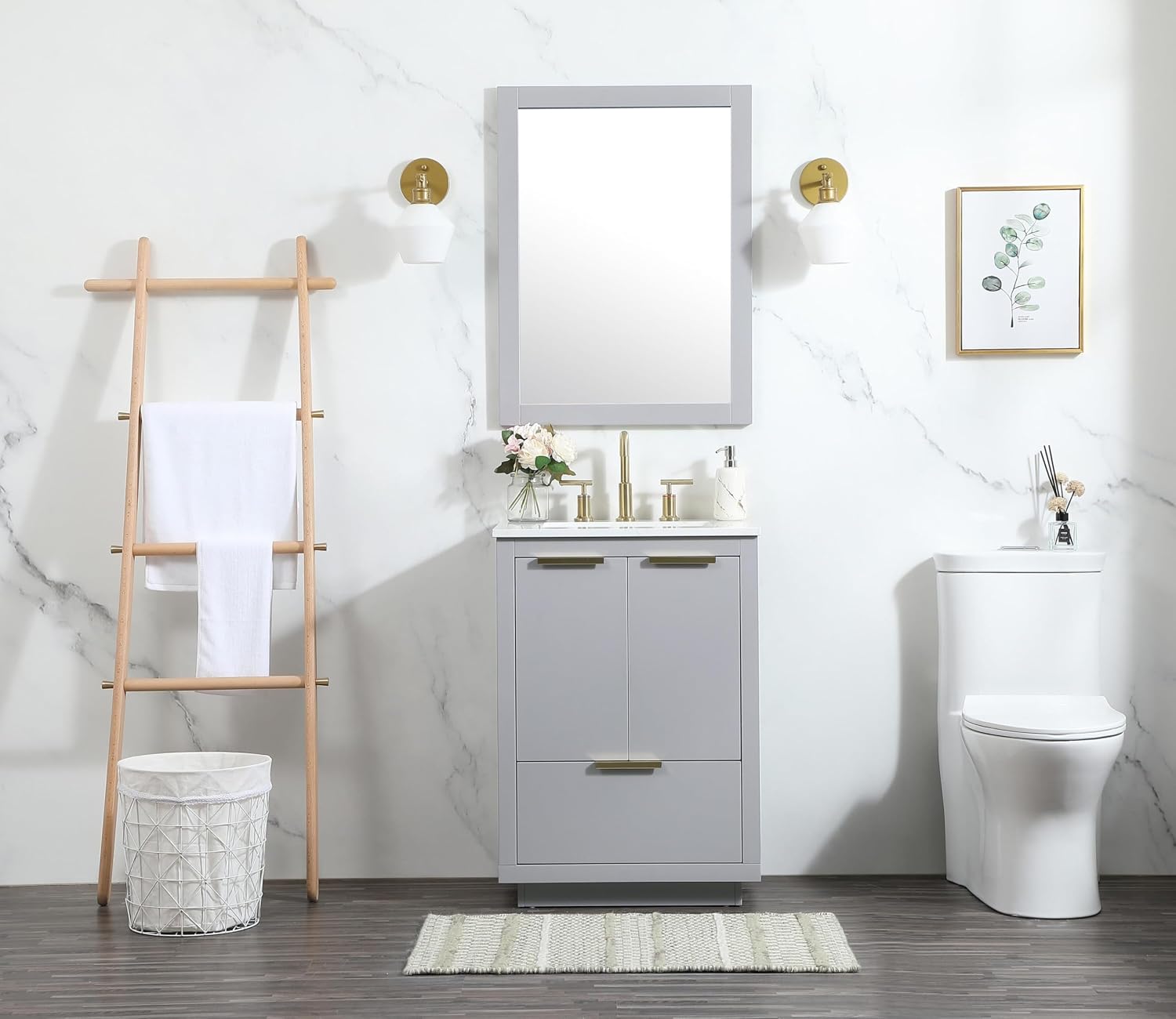 24' Pre-Assembled Bathroom Vanity with Sink, MDF Engineered Wood, Calacatta White Engineered Marble Countertop Attached, Single Rectangle Porcelain Sink, 1 Soft-Close Drawers, Grey