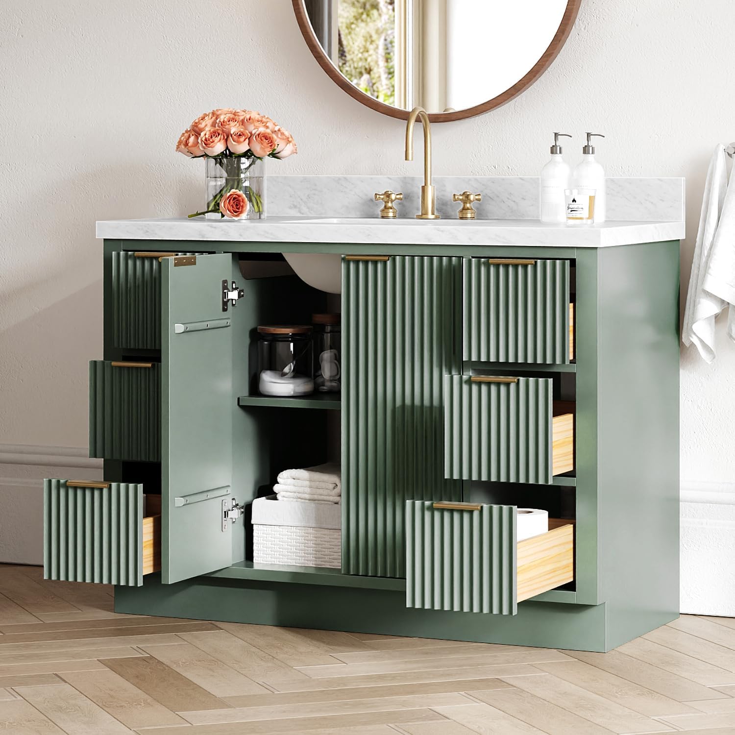 ARIEL Milan 48-inch Bathroom Vanity with Sink,Solid Wood, 1.5-inch Italian Carrara Marble Countertop, Single Rectangular Porcelain Sink, Soft Closing Doors, Dovetail Drawers, Vintage Green
