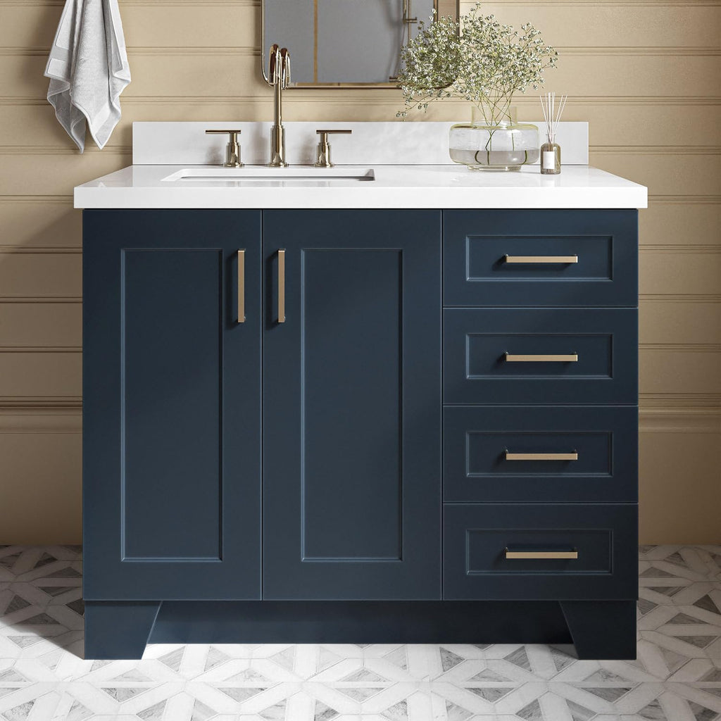 ARIEL Taylor 42-inch Bathroom Vanity with Sink,Solid Wood, 1.5-inch Pure White Quartz Countertop, Single Rectangular Porcelain Sink, 2 Soft Closing Doors, 5 Dovetail Drawers, Midnight Blue