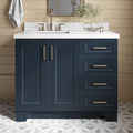 ARIEL Taylor 42-inch Bathroom Vanity with Sink,Solid Wood, 1.5-inch Pure White Quartz Countertop, Single Rectangular Porcelain Sink, 2 Soft Closing Doors, 5 Dovetail Drawers, Midnight Blue