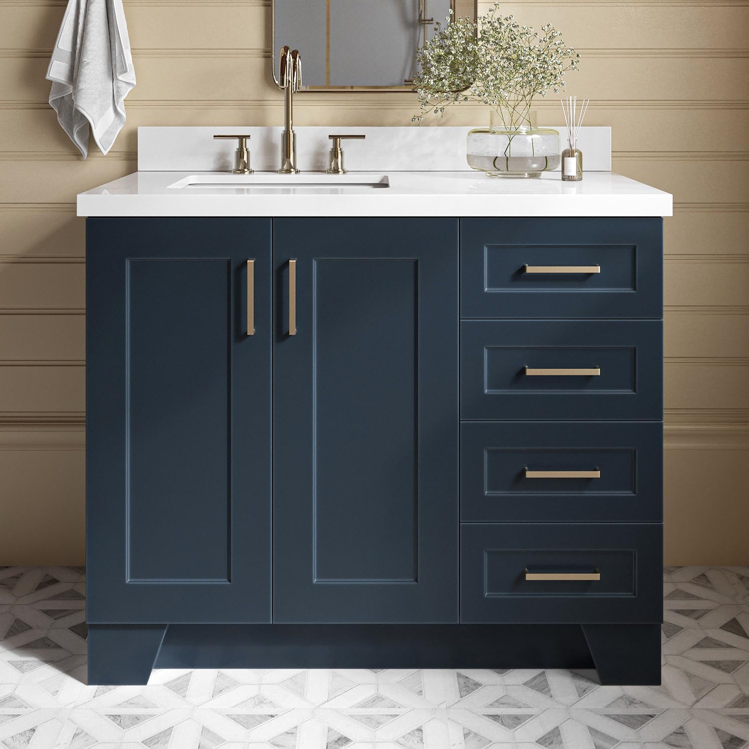 ARIEL Taylor 42 Inch Blue Bathroom Vanity with Sink, Solid Wood Bathroom Vanity Base Cabinet, Carrara White Quartz Countertop 1.5-Inch Edge, Right Rectangular Sink, 2 Soft Closing Doors, 5 Drawers