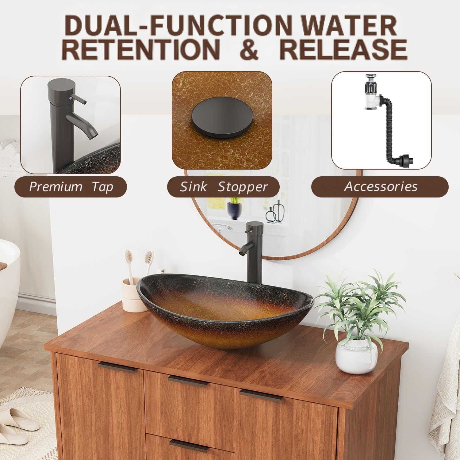 EROMMY 36 Inch Bathroom Vanity with Sink Combo, Bathroom Vanity with 3 Soft-Close Drawers, 2 Doors & Boat Glass Sink, Rustic Bathroom Cabinet Includes Adjustable Shelf, Water Tap & Sink Accessories
