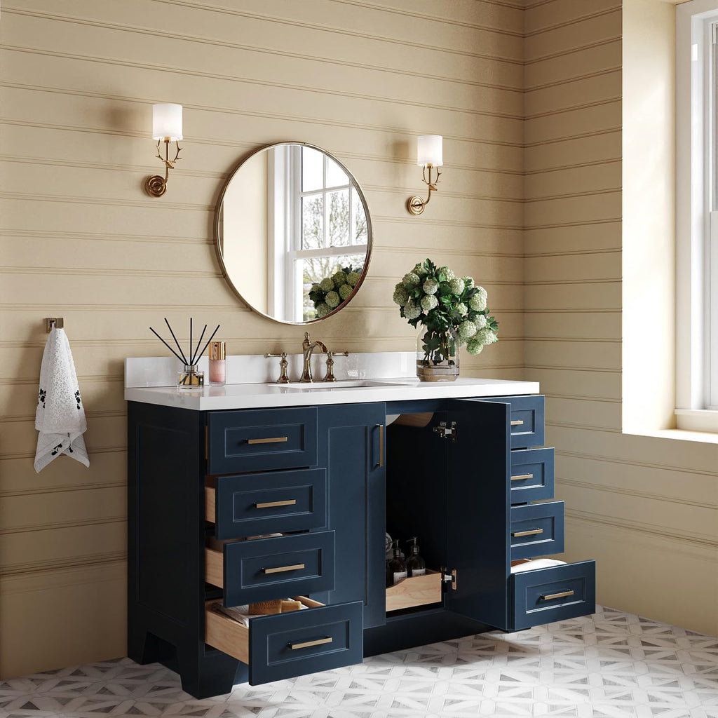 ARIEL Taylor 54-inch Bathroom Vanity with Sink,Solid Wood, 1.5-inch Pure White Quartz Countertop, Single Rectangular Porcelain Sink, 2 Soft Closing Doors, 9 Dovetail Drawers, Midnight Blue