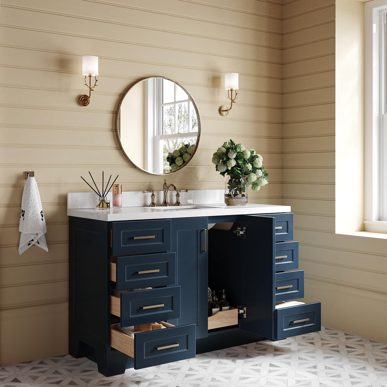 ARIEL Taylor 54-inch Bathroom Vanity with Sink,Solid Wood, 1.5-inch Pure White Quartz Countertop, Single Rectangular Porcelain Sink, 2 Soft Closing Doors, 9 Dovetail Drawers, Midnight Blue