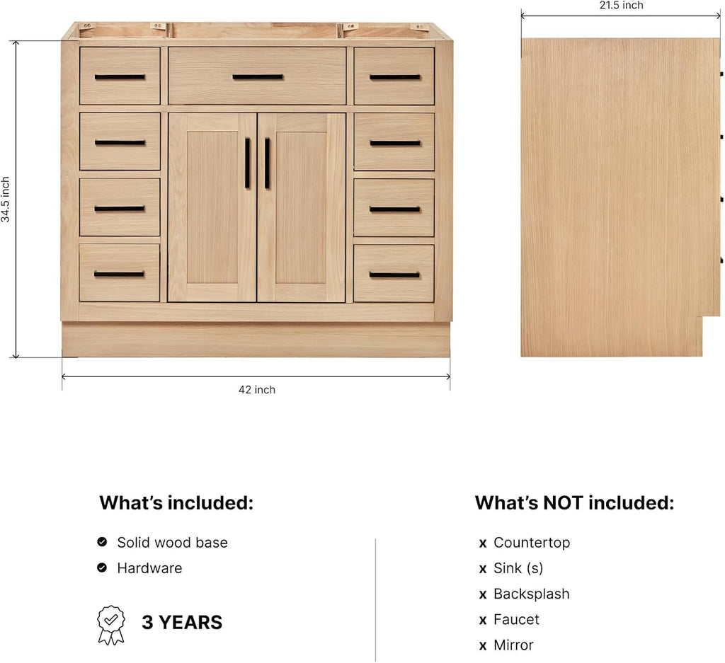 ARIEL Hepburn 42-inch Bathroom Vanity Base Cabinet,Solid Wood, 2 Soft Closing Doors, 9 Dovetail Drawers, White Oak