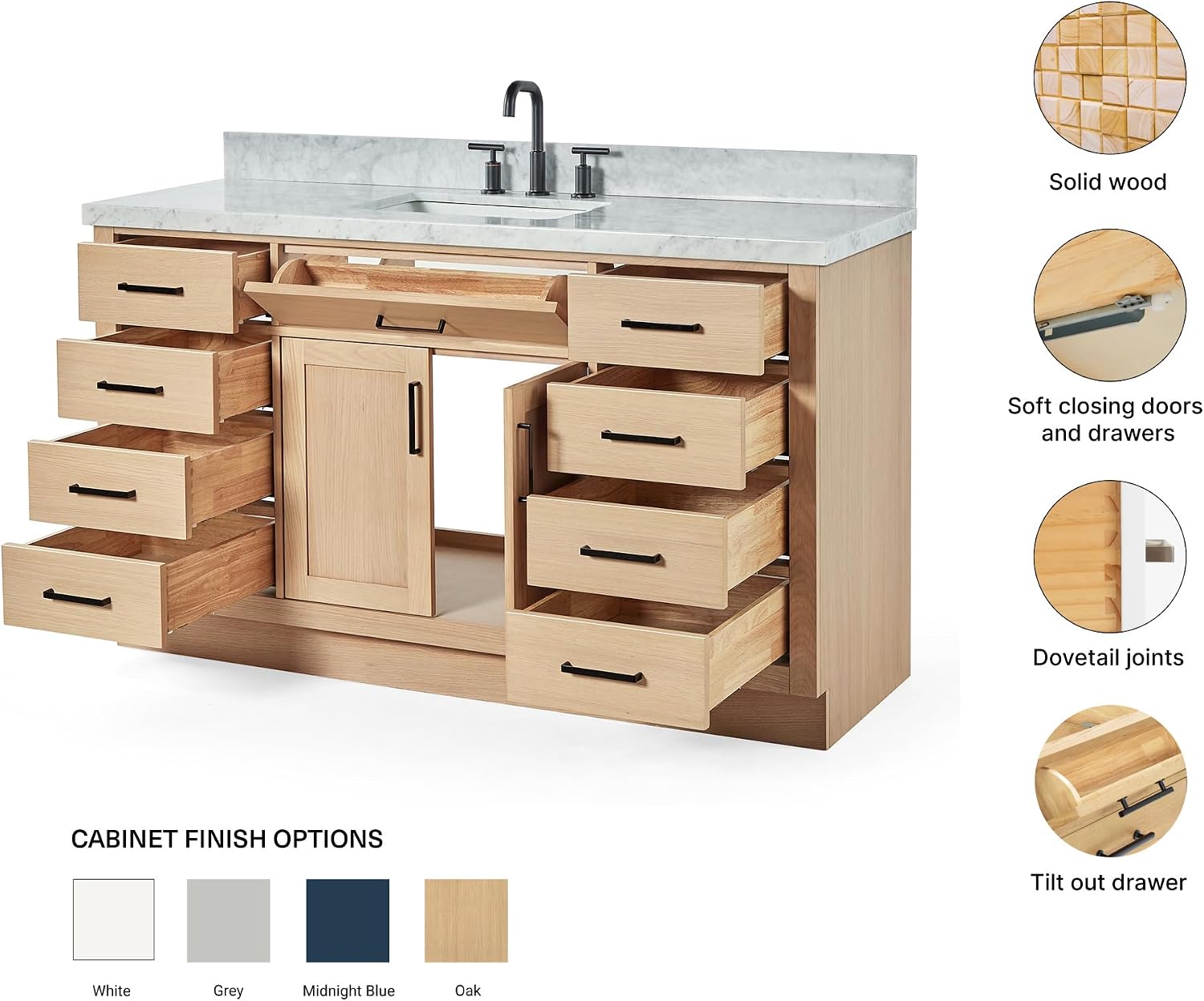 ARIEL Hepburn 60-inch Bathroom Vanity with Sink,Solid Wood, 1.5-inch Italian Carrara Marble Countertop, Single Rectangular Porcelain Sink, 2 Soft Closing Doors, 9 Dovetail Drawers, White Oak