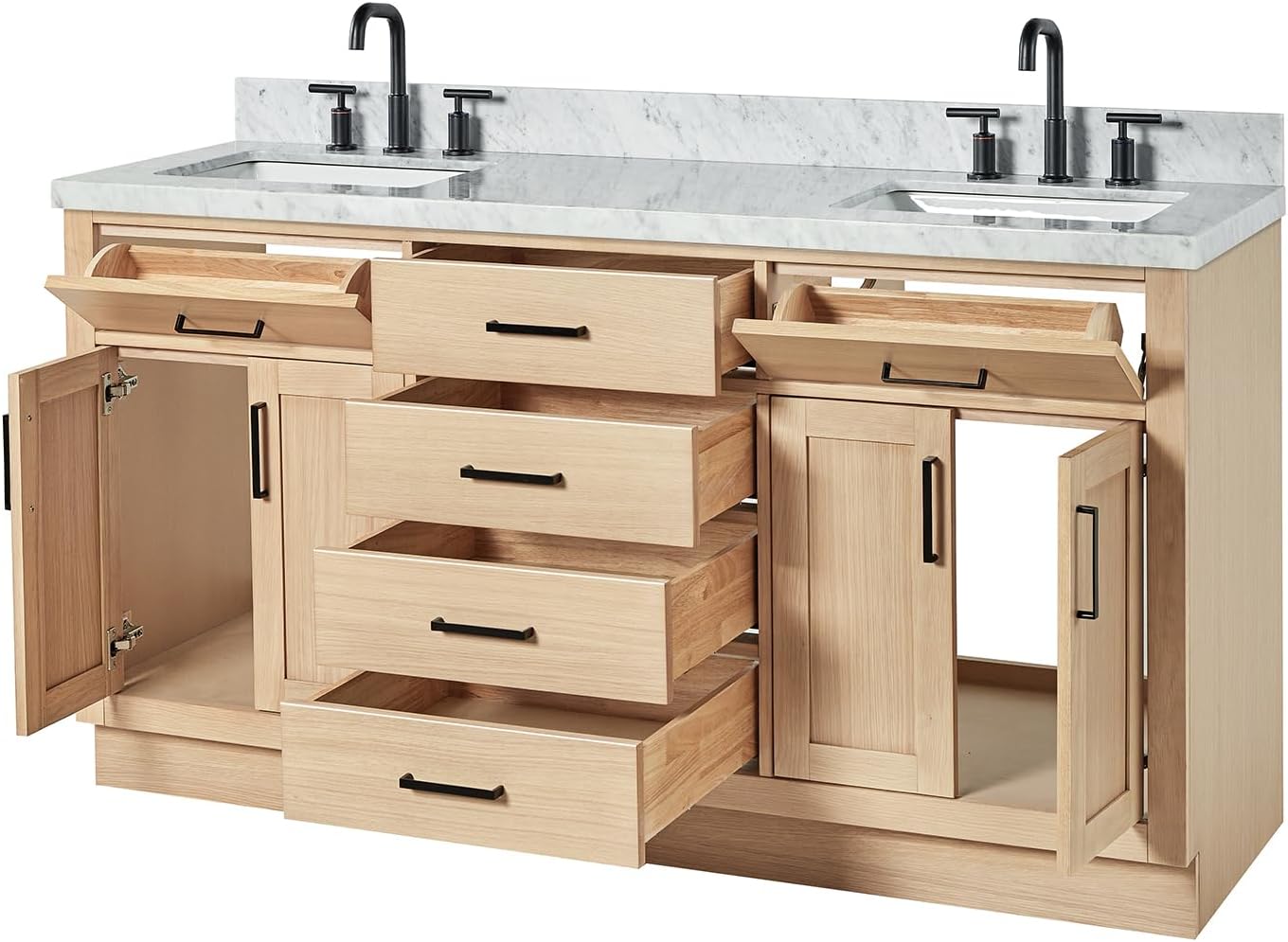ARIEL Hepburn 66-inch Bathroom Vanity with Sink,Solid Wood, 1.5-inch Italian Carrara Marble Countertop, Double Rectangular Porcelain Sink, 4 Soft Closing Doors, 6 Dovetail Drawers, White Oak