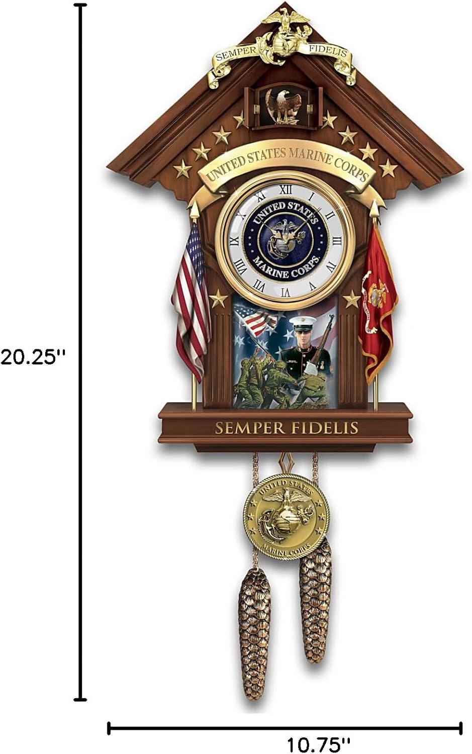 The Bradford Exchange USMC Semper Fi Fully Sculpted Cuckoo Clock with Mahogany Finish