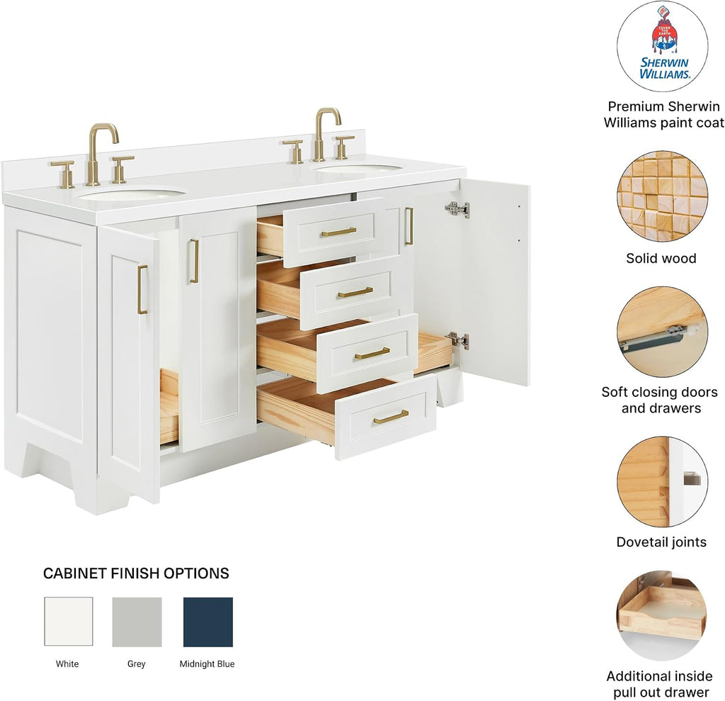 DKB Emilia 66-Inch White Double Bathroom Vanity, 1.5-Inch Edge Pure White Quartz Countertop & Backsplash, Oval Undermount Sinks, 4 Soft Closing Doors, 6 Dovetail Drawers, Toe Kick, Satin Brass